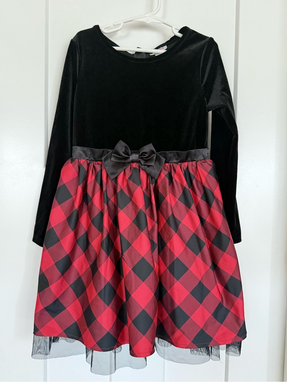 Cat & Jack Girls Holiday Dress Size 6/6X Black Velvet Buffalo Plaid